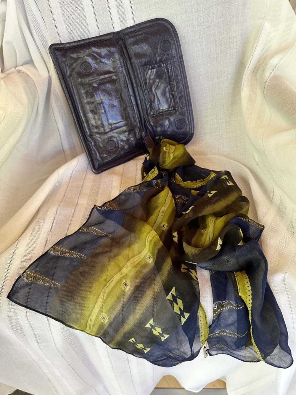 Chico’s Silk Oblong Scarf Artsy Boho Royal Blue & Lime Green Colorblock Designs - Picture 11 of 17